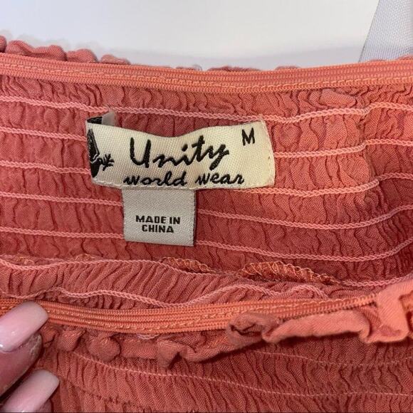 Unity World wear orange boho loose fitting 3/4 sleeve blouse tie cold shoulder M - Picture 6 of 7